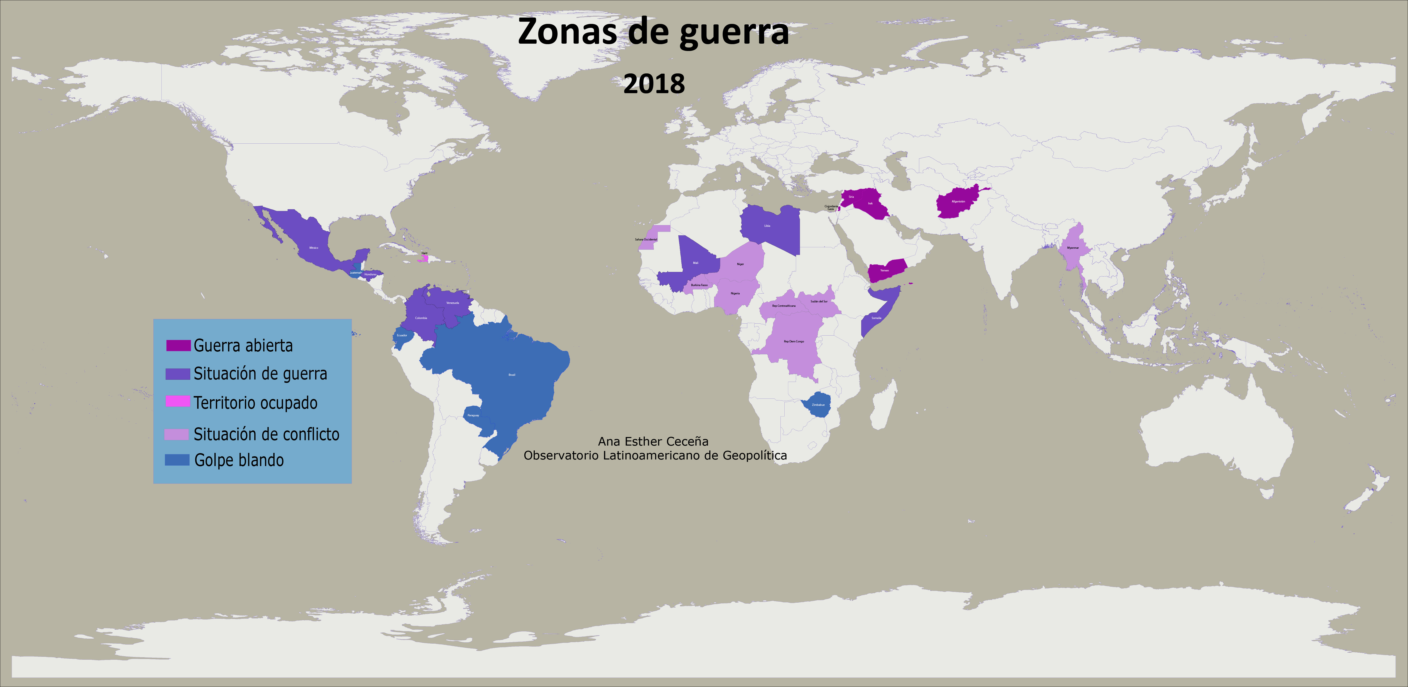 Localización geográfica de las distintas modalidades de guerra en 2018