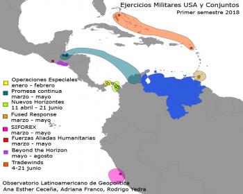 Mapa con ejercicios militares en América Latina y El Caribe. Primer semestre 2018