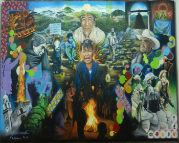 Marco Hugo Guardian Lemus y Luis Giovani Fabián Guerrero ilustran la lucha del pueblo P’urépecha de Cheran K’eri en un mural situado en la Casa Comunal. Mural al oleo en tela, dimensiones : 3.25 x 5.25 m